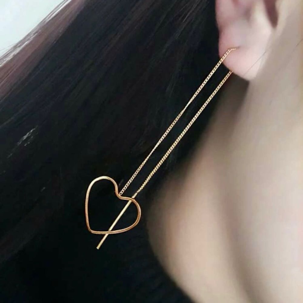 Pair of long tassle drop heart earrings, gold , dangle